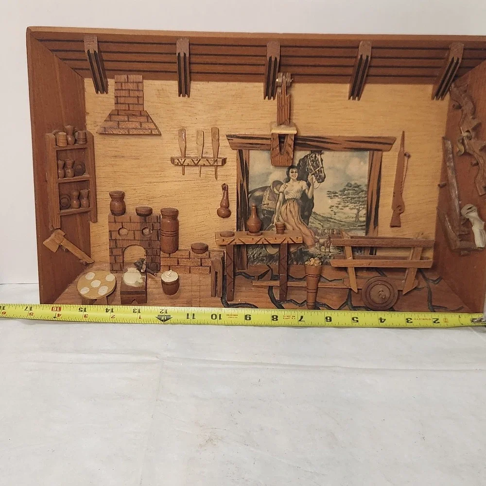 Vintage 1960's MCM Carved Wooden Lodge Bar Tavern Inn Market Town Diorama‎ 3D